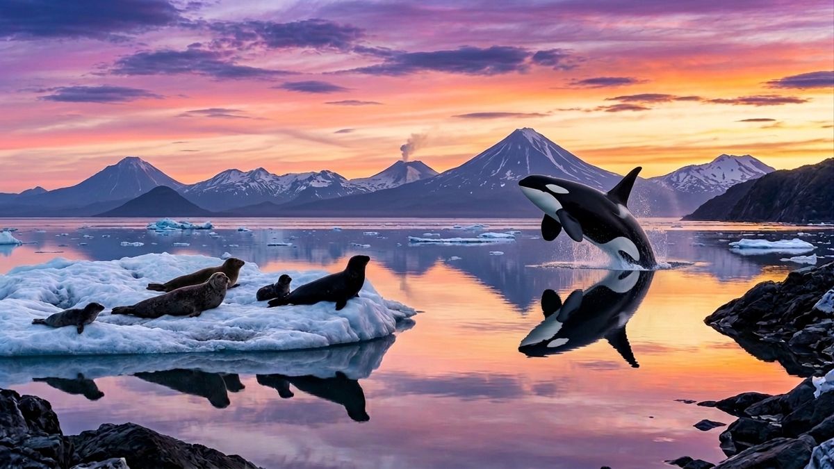 An orca breaches at sunset in front of Alaska&rsquo;s snow-capped peaks while seals rest on an ice floe